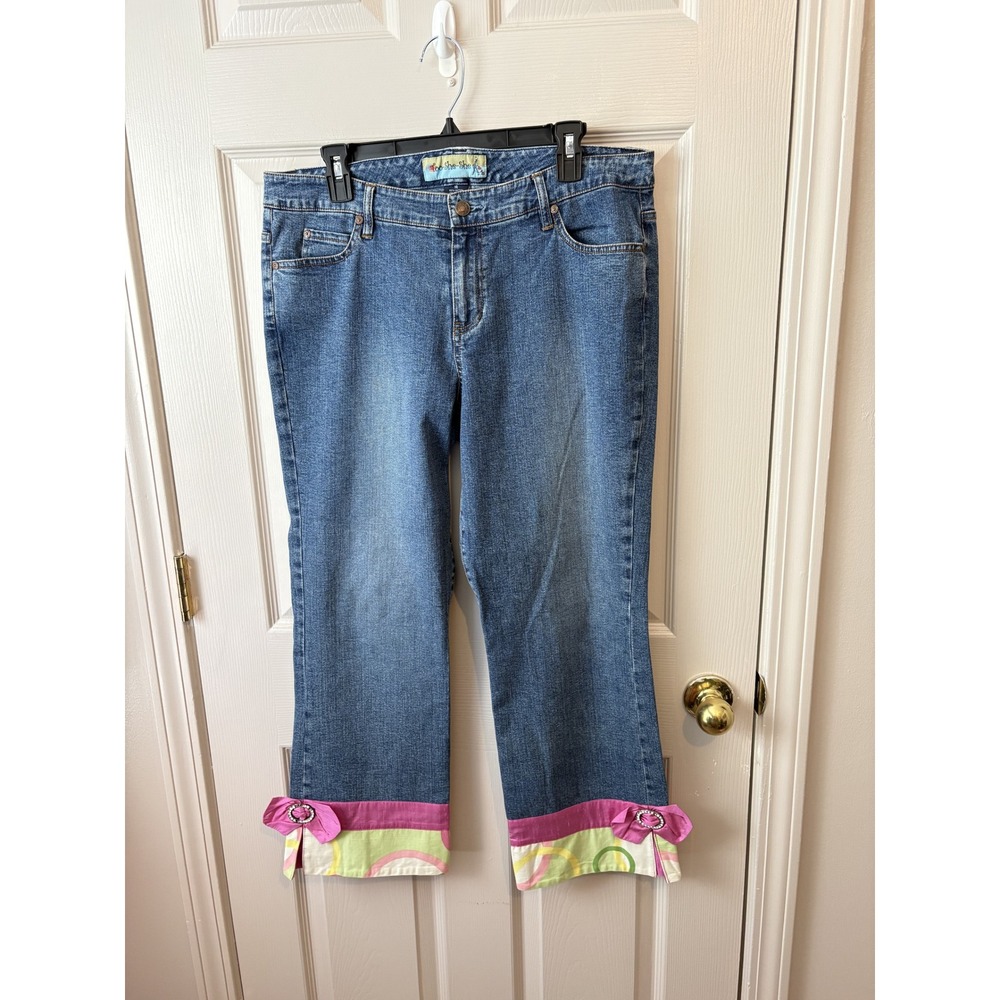 Too-She-She Y2K Capri Jeans Women 14 Blue Denim Pink Bow Rhinestone Retro